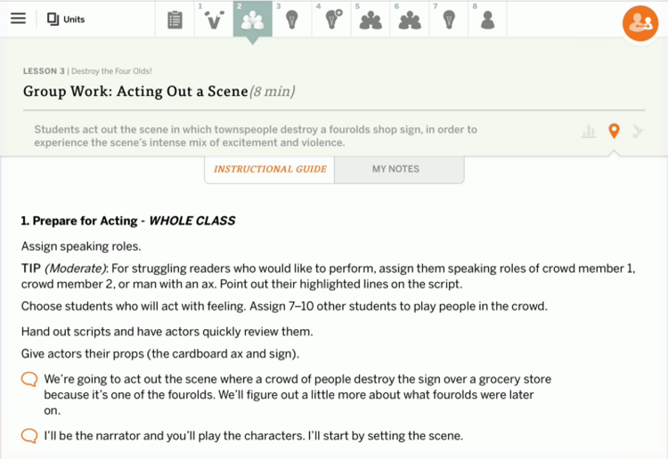 lesson activity card with instructional guide open
