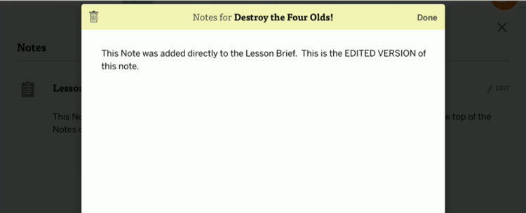 lesson brief lesson overview notes edit area with notes being added
